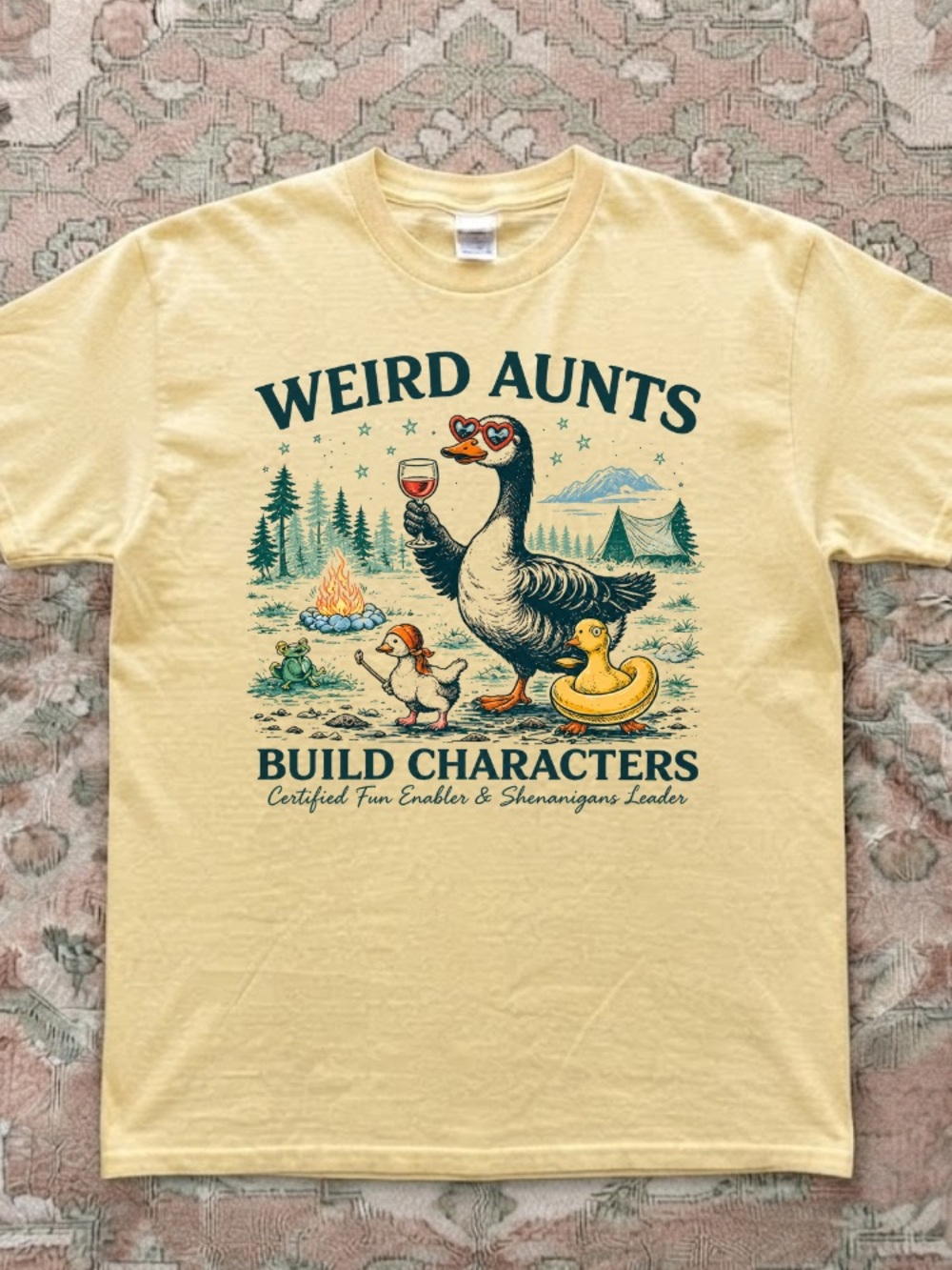 Weird Aunts Build Characters Goose Camping Wine Campfire Vintage Yellow T-Shirt